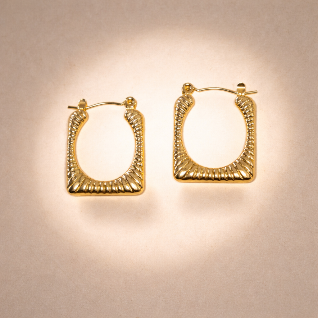 Textured Square Gold Hoop Anti-Tarnish Earrings
