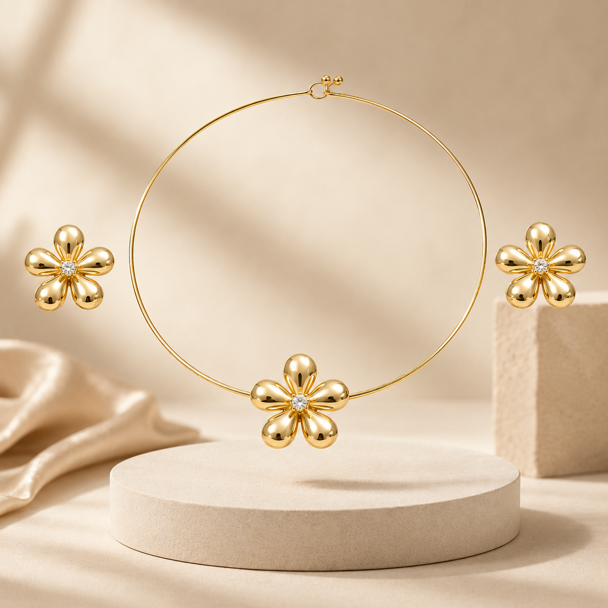 Anti-Tarnish Petal Bloom Hasli & Stud Earrings Set