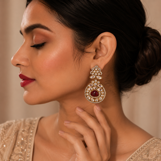 Ruby Kundan AD Statement Drop Earrings