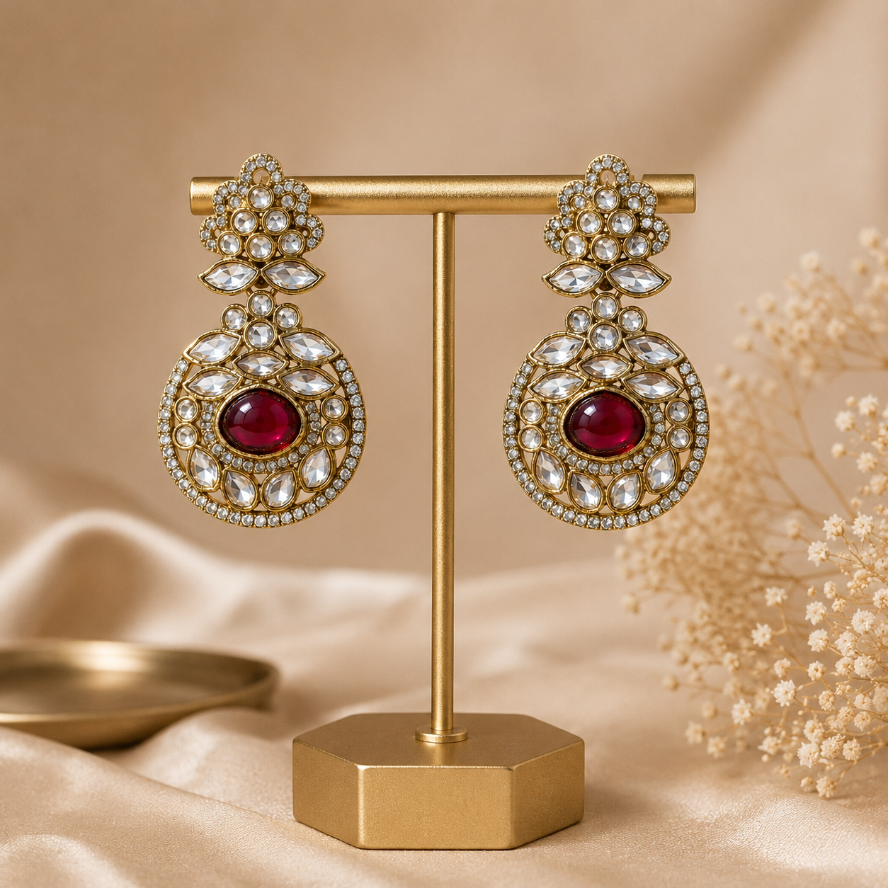 Ruby Kundan AD Statement Drop Earrings