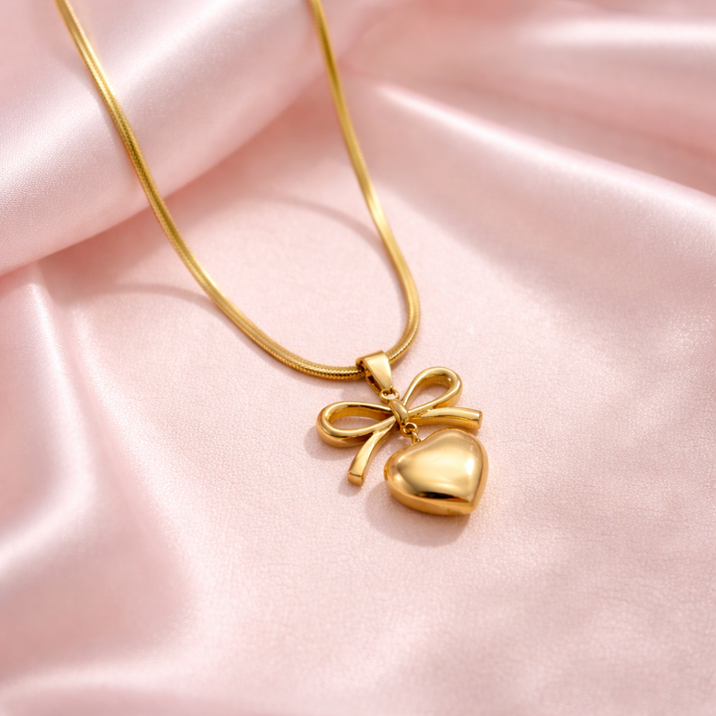 Bow Heart Anti-Tarnish Gold Pendant Necklace