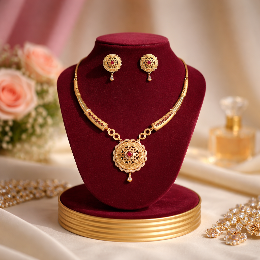 Royal Ruby Motif Necklace & Earrings Set