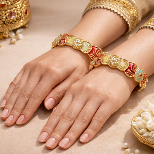 Traditional Enamel Flower Statement Bangle Set