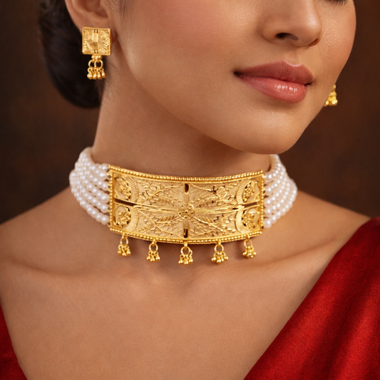 Traditional Pearl Layered Golden Choker & Earrings Set