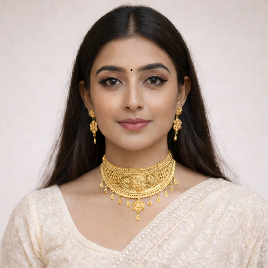 Golden Filigree Statement Necklace & Earrings Set