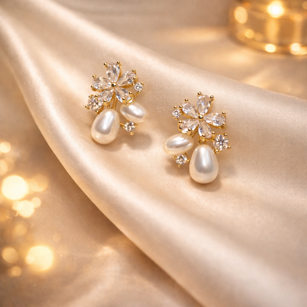 Floral Pearl Drop Anti-Tarnish Stud Earrings