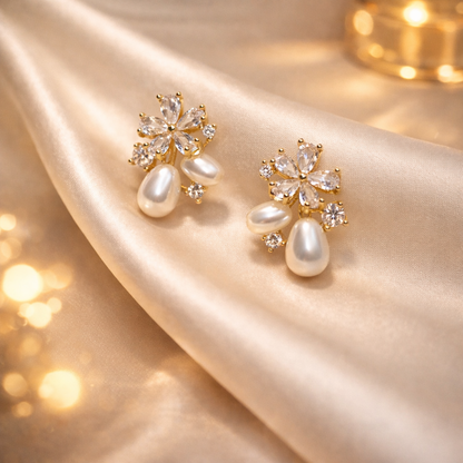 Floral Pearl Drop Anti-Tarnish Stud Earrings