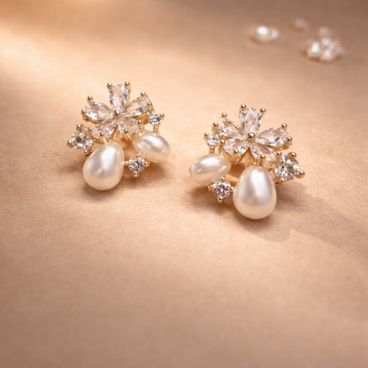 Floral Pearl Drop Anti-Tarnish Stud Earrings
