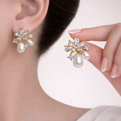 Floral Pearl Drop Anti-Tarnish Stud Earrings