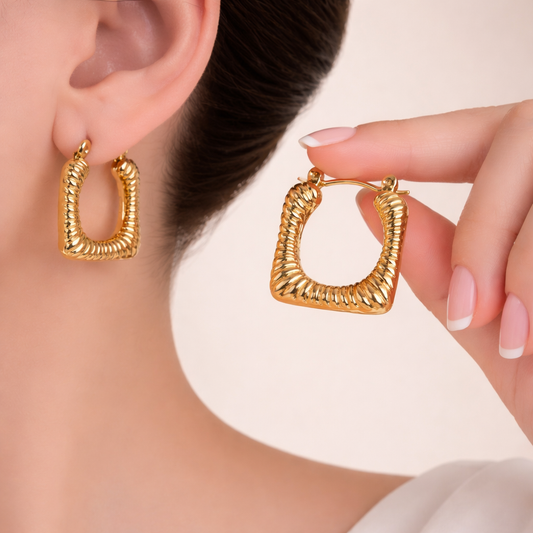 Textured Square Gold Hoop Anti-Tarnish Earrings