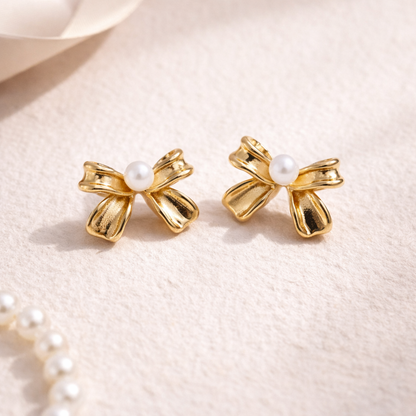 Pearl Bow Anti-Tarnish Gold Stud Earrings