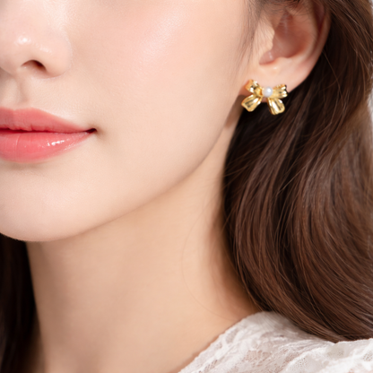 Pearl Bow Anti-Tarnish Gold Stud Earrings