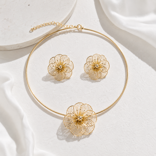 Anti-Tarnish Floral Hasli & Stud Earrings Set