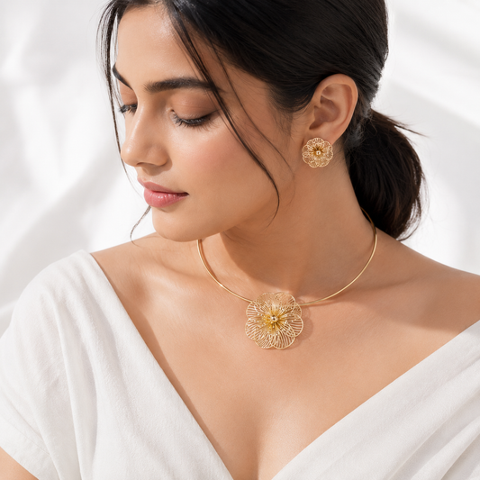 Anti-Tarnish Floral Hasli & Stud Earrings Set