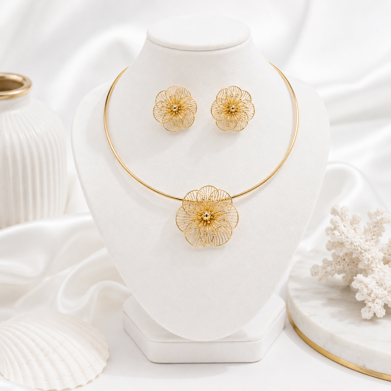 Anti-Tarnish Floral Hasli & Stud Earrings Set