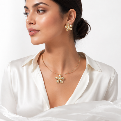 Anti-Tarnish Petal Bloom Hasli & Stud Earrings Set