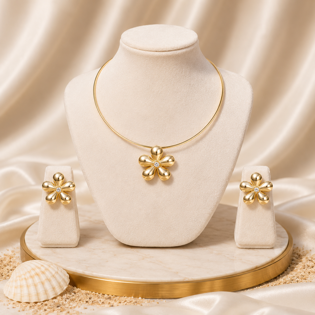 Anti-Tarnish Petal Bloom Hasli & Stud Earrings Set