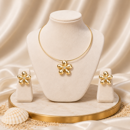 Anti-Tarnish Petal Bloom Hasli & Stud Earrings Set