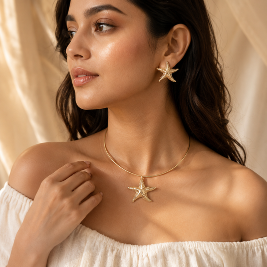 Anti-Tarnish Starfish Hasli & Stud Earrings Set