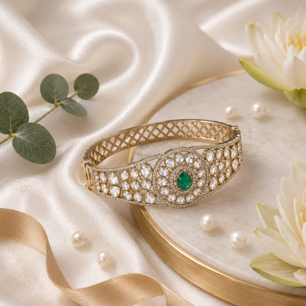Emerald Green Stone Kundan Openable Screw Kada Bracelet with AD Detailing