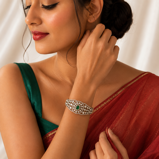 Emerald Green Stone Kundan Openable Screw Kada Bracelet with AD Detailing