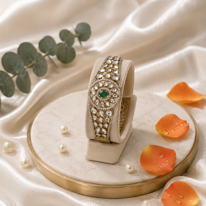 Emerald Green Stone Kundan Openable Screw Kada Bracelet with AD Detailing