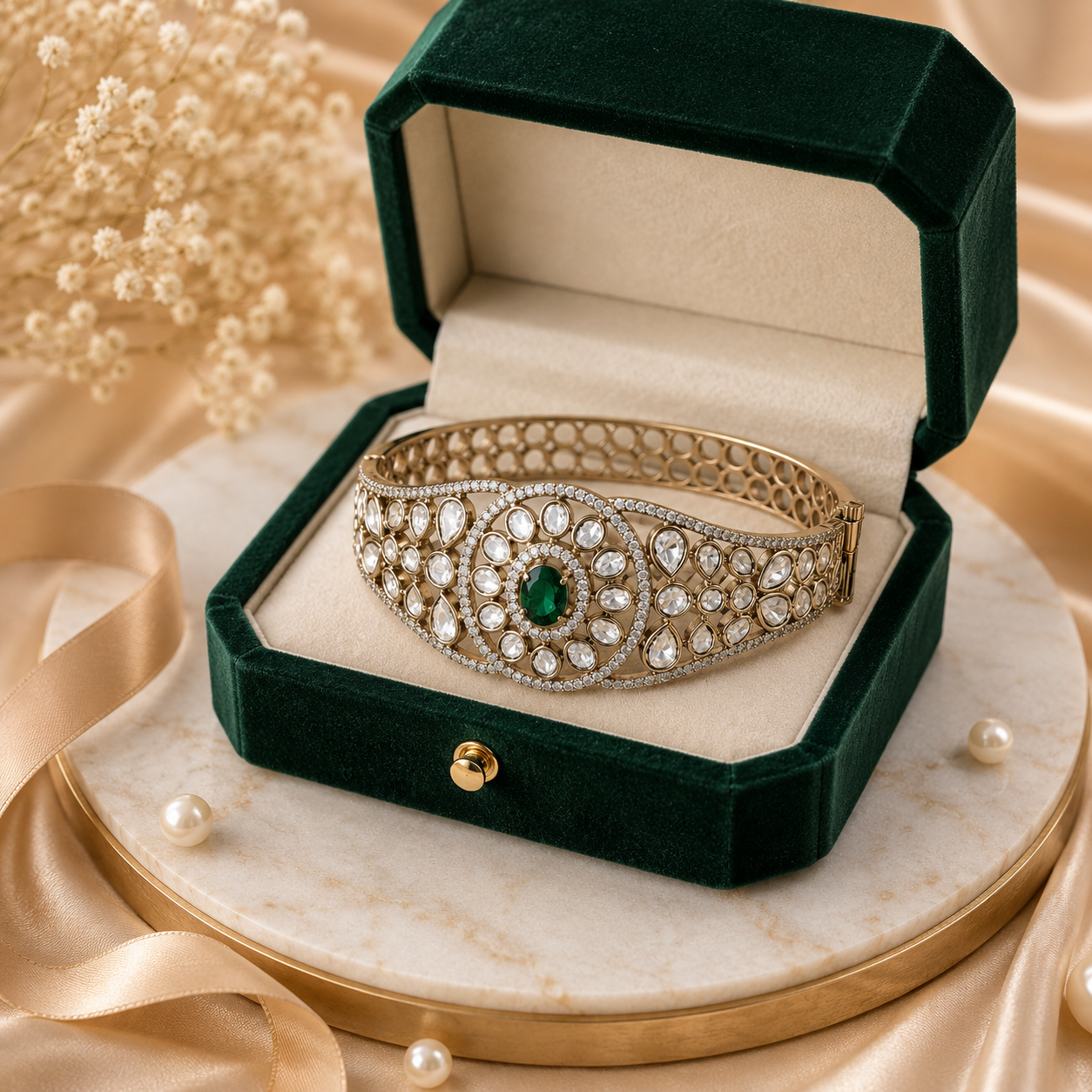 Emerald Green Stone Kundan Openable Screw Kada Bracelet with AD Detailing