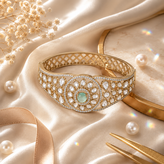 Mint Green Kundan AD Openable Screw Kada Bracelet