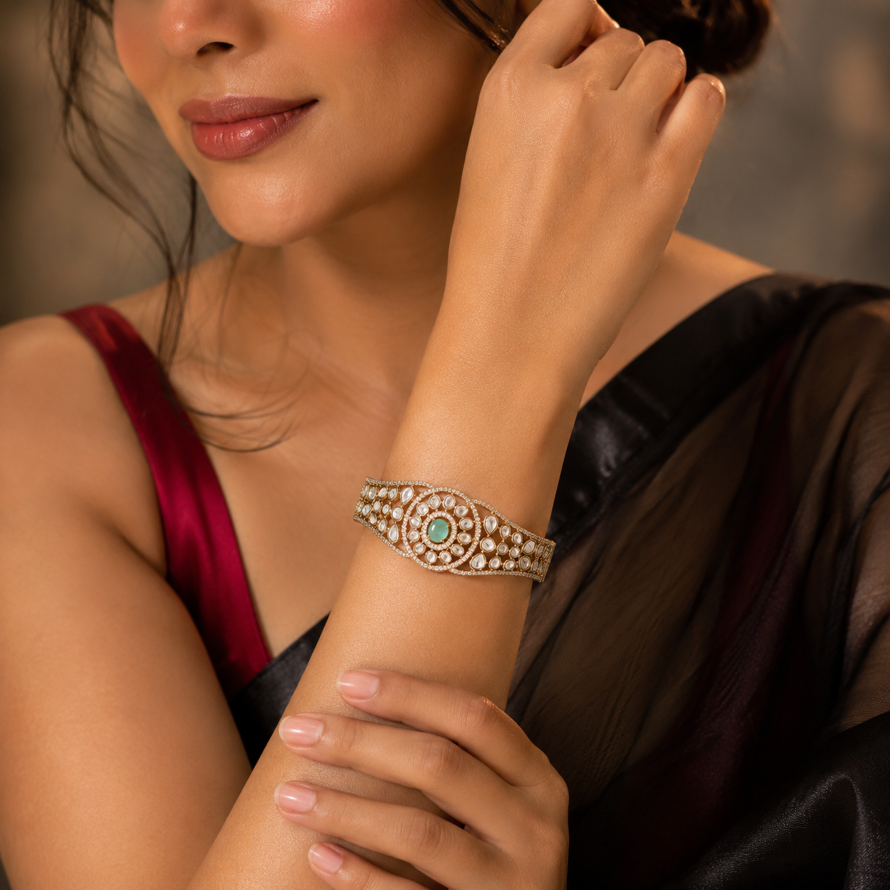 Mint Green Kundan AD Openable Screw Kada Bracelet