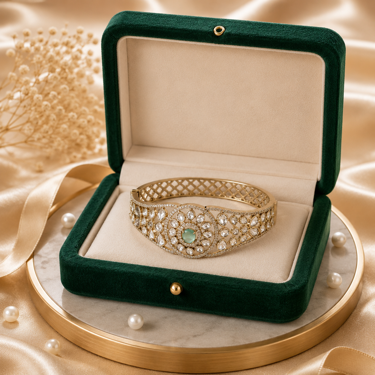 Mint Green Kundan AD Openable Screw Kada Bracelet