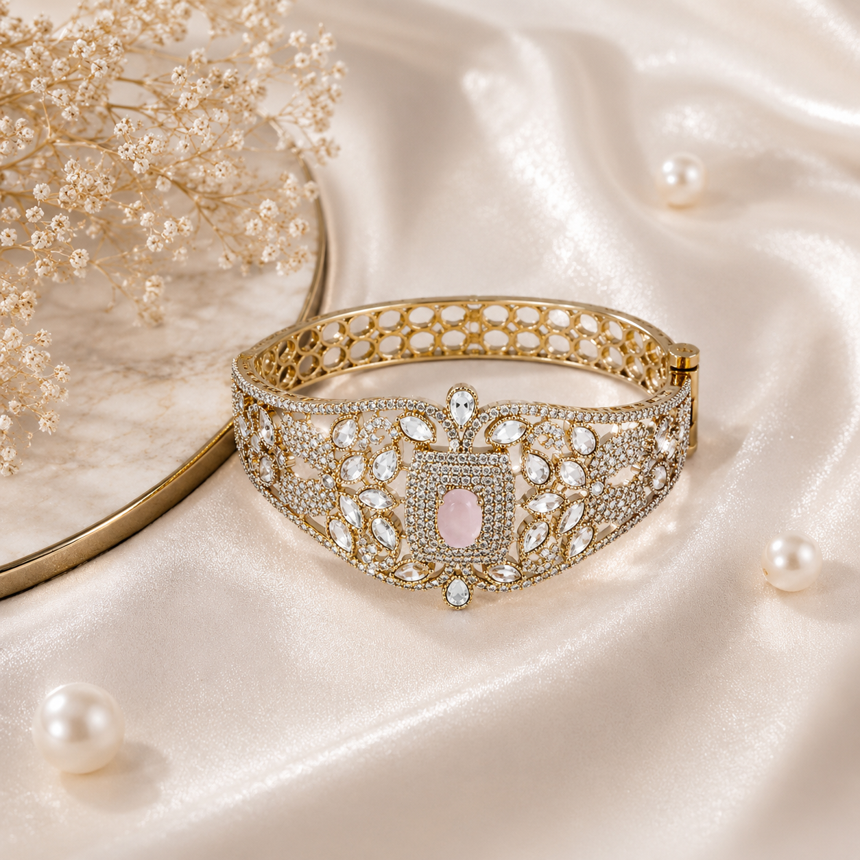 Pink Stone Kundan Openable Screw Kada Bracelet with AD Detailing