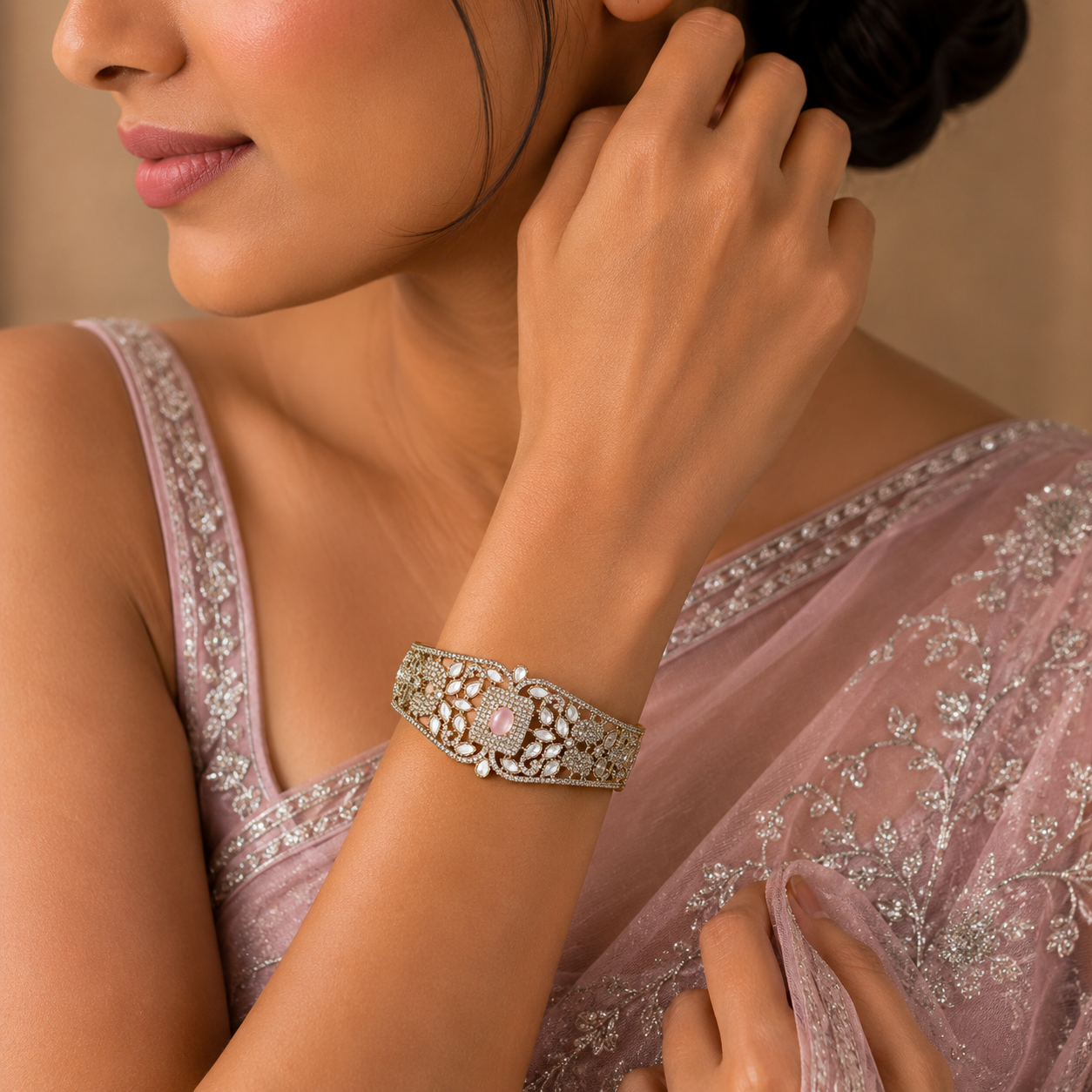 Pink Stone Kundan Openable Screw Kada Bracelet with AD Detailing
