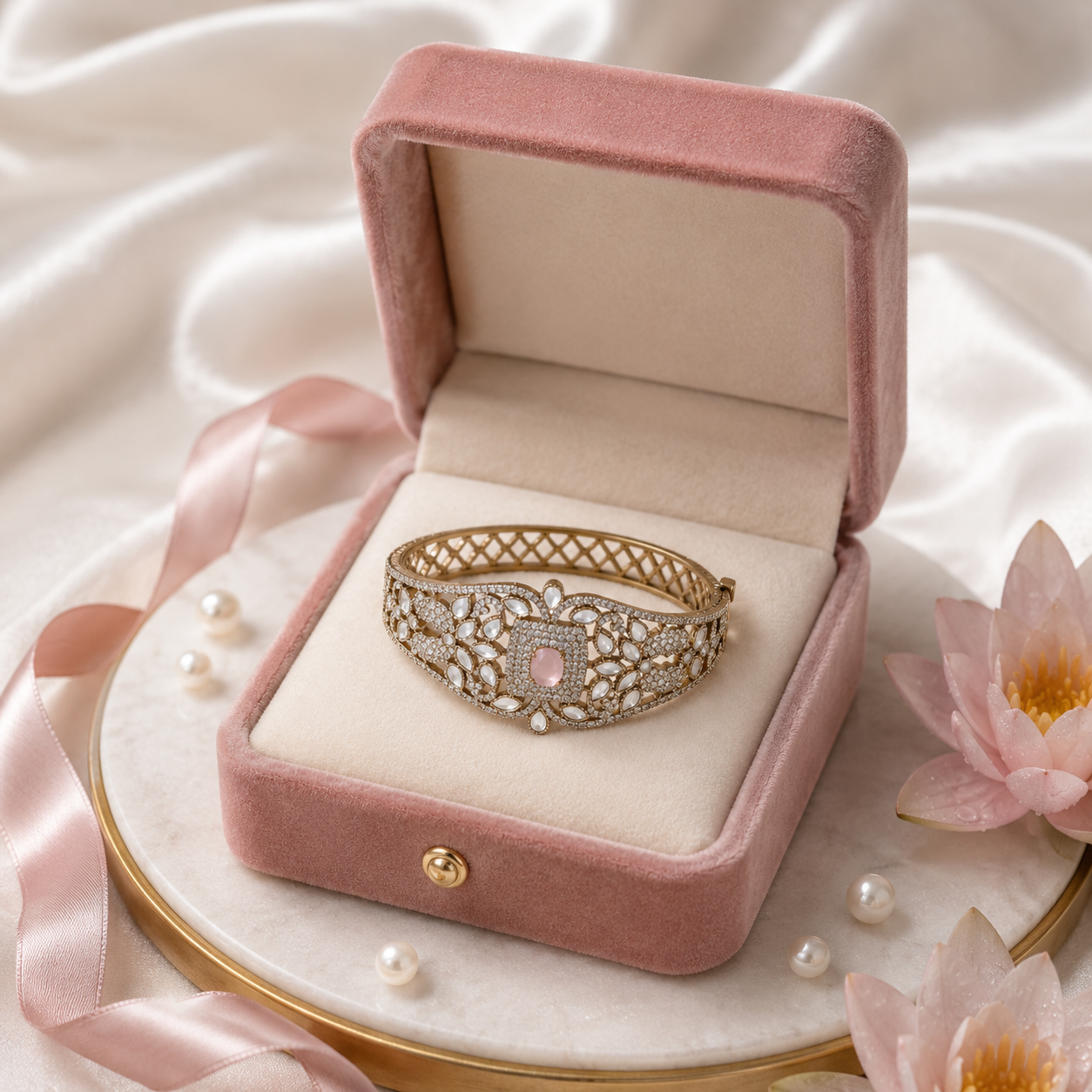 Pink Stone Kundan Openable Screw Kada Bracelet with AD Detailing