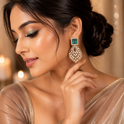 Emerald Green Kundan AD Statement Drop Earrings