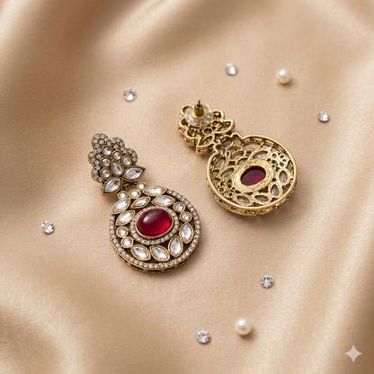 Ruby Kundan AD Statement Drop Earrings