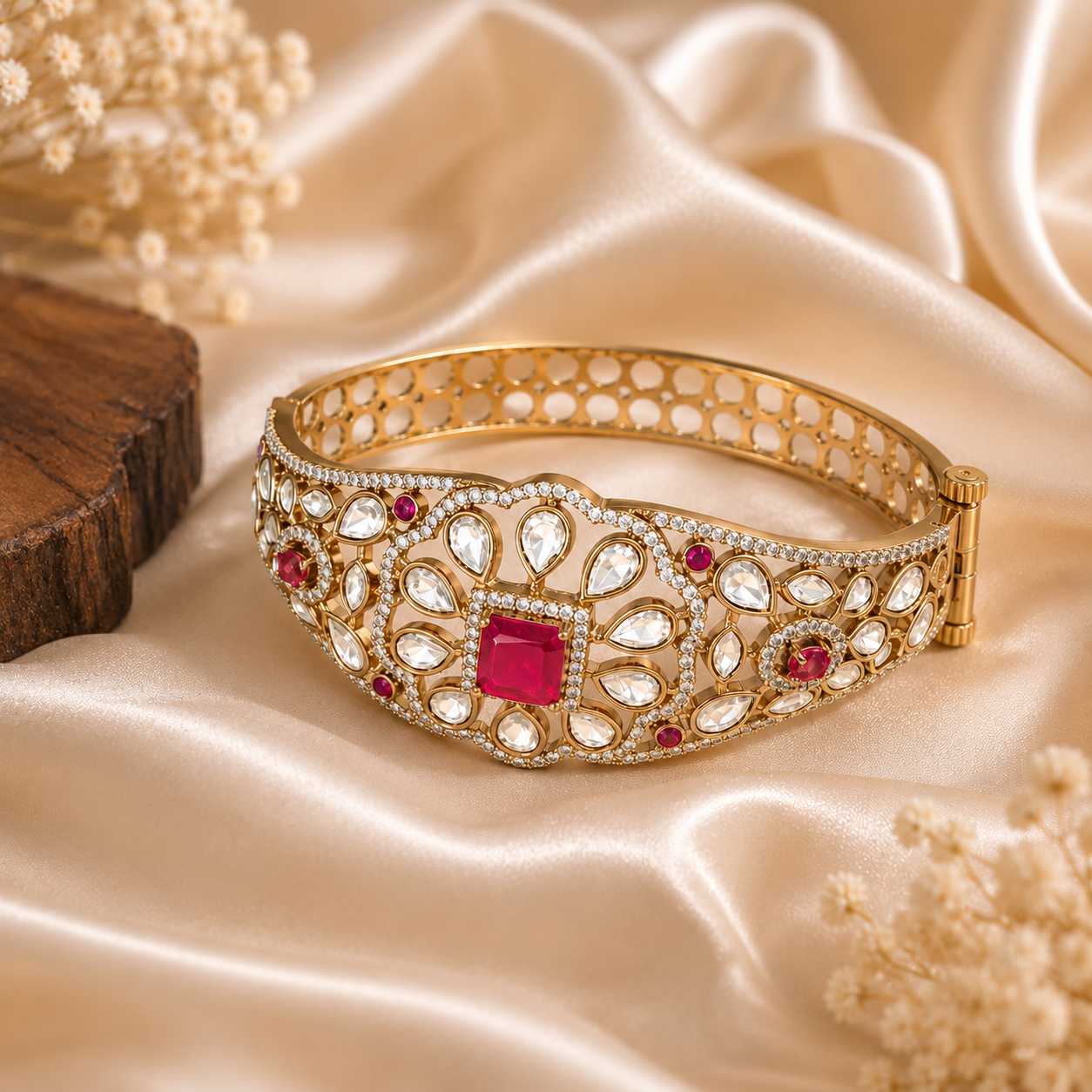 Ruby Kundan AD Openable Screw Kada Bracelet