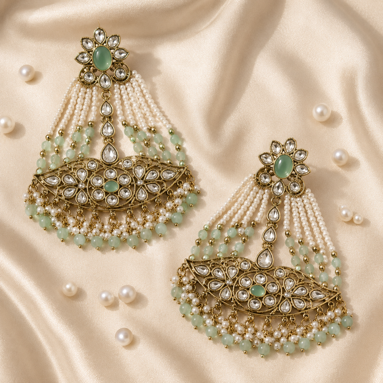 Mint Green Kundan Pearl Beaded Chandbali Statement Earrings