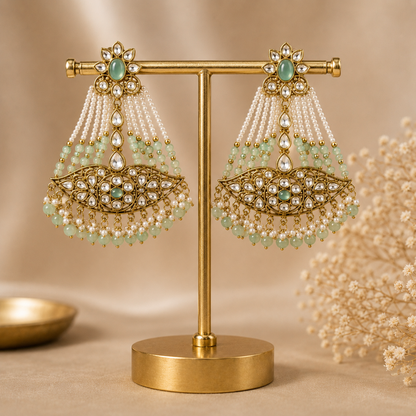Mint Green Kundan Pearl Beaded Chandbali Statement Earrings