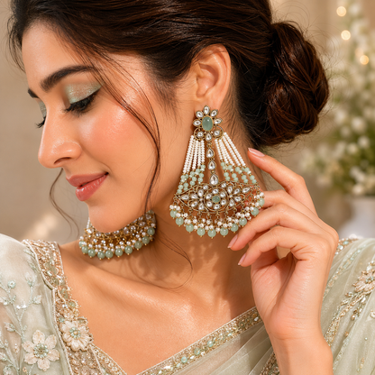 Mint Green Kundan Pearl Beaded Chandbali Statement Earrings