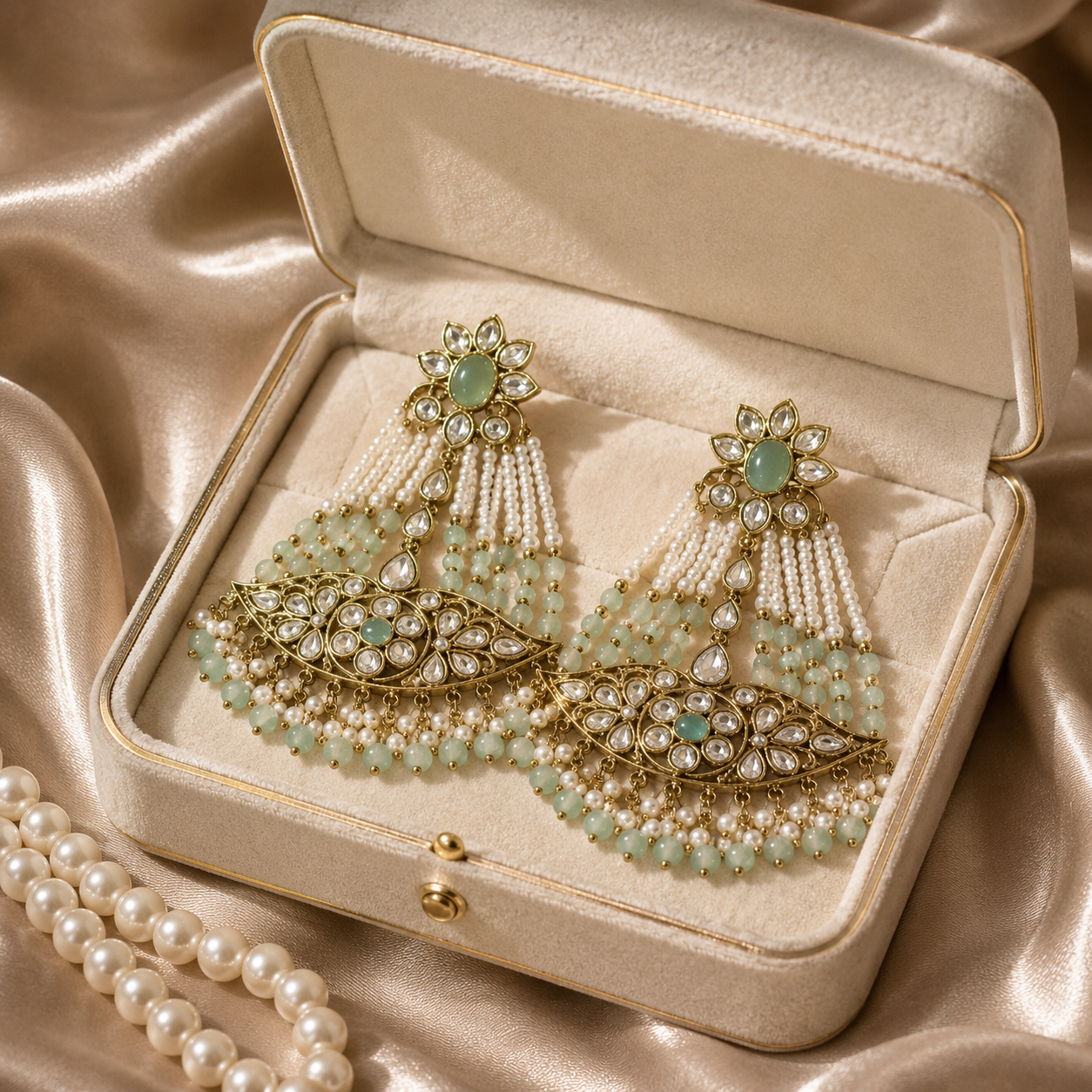 Mint Green Kundan Pearl Beaded Chandbali Statement Earrings