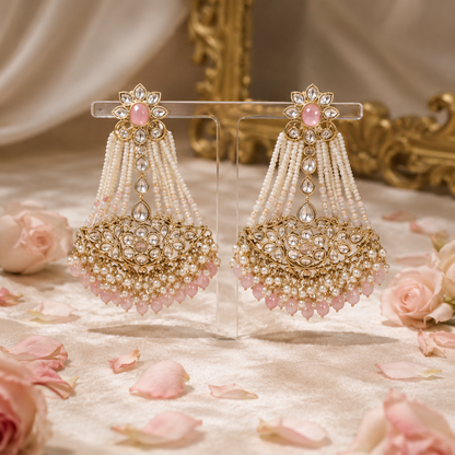 Blush Pink Kundan Pearl Beaded Chandbali Statement Earrings