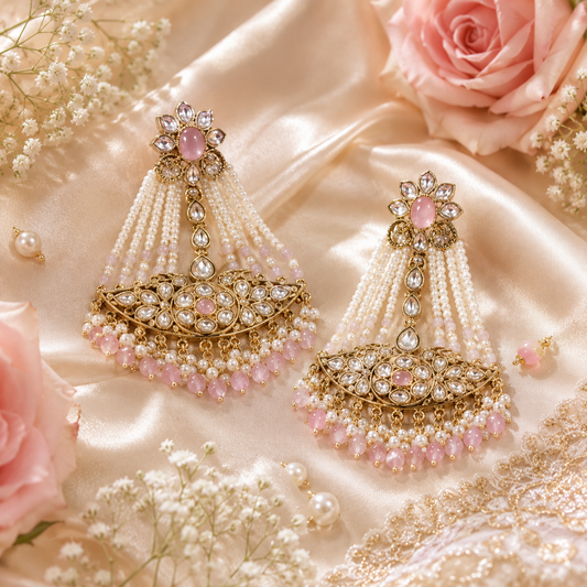 Blush Pink Kundan Pearl Beaded Chandbali Statement Earrings