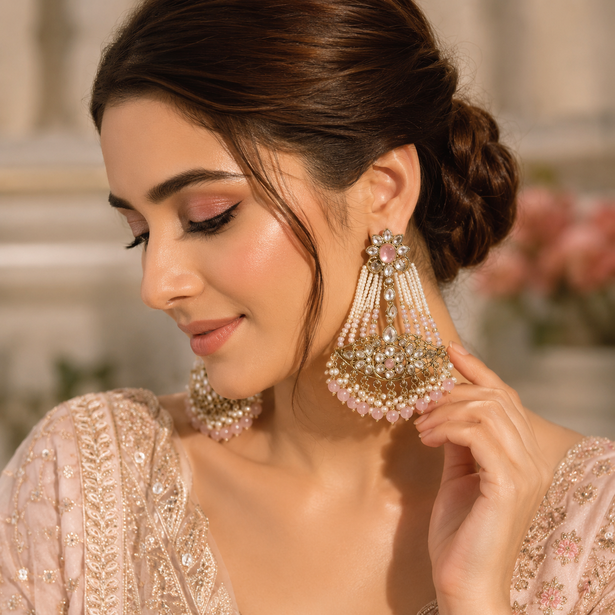 Blush Pink Kundan Pearl Beaded Chandbali Statement Earrings