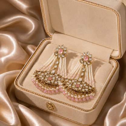 Blush Pink Kundan Pearl Beaded Chandbali Statement Earrings