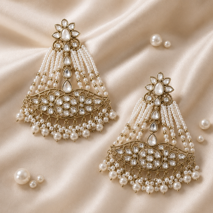 White Kundan Pearl Beaded Chandbali Statement Earrings