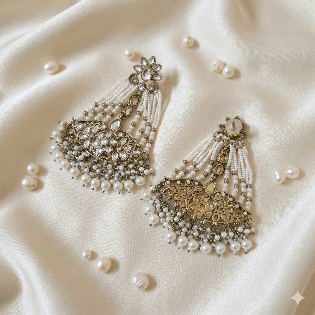White Kundan Pearl Beaded Chandbali Statement Earrings