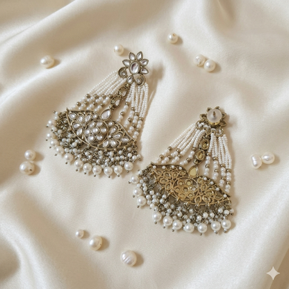 White Kundan Pearl Beaded Chandbali Statement Earrings