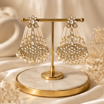 White Kundan Pearl Beaded Chandbali Statement Earrings