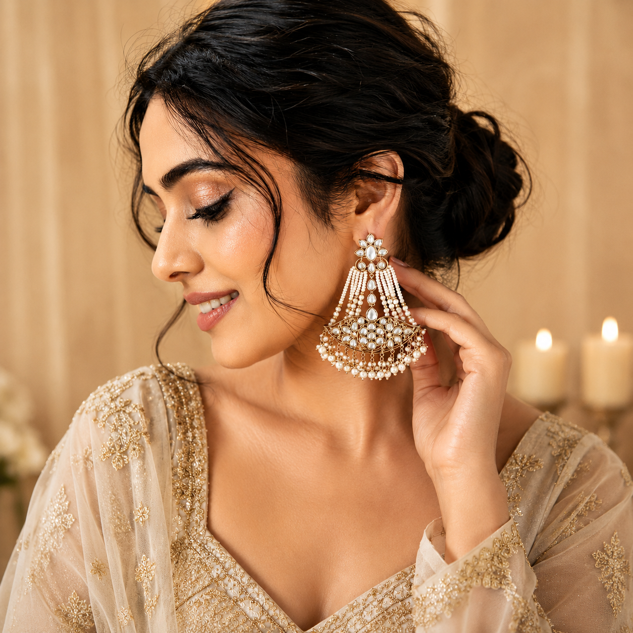 White Kundan Pearl Beaded Chandbali Statement Earrings