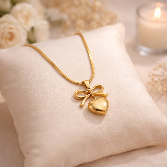 Bow Heart Anti-Tarnish Gold Pendant Necklace